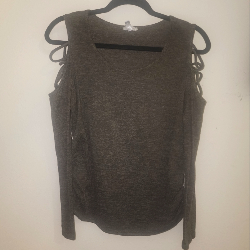 Large Ember Womens Dark Green Open Shoulder Sweater with Rouching on sides
